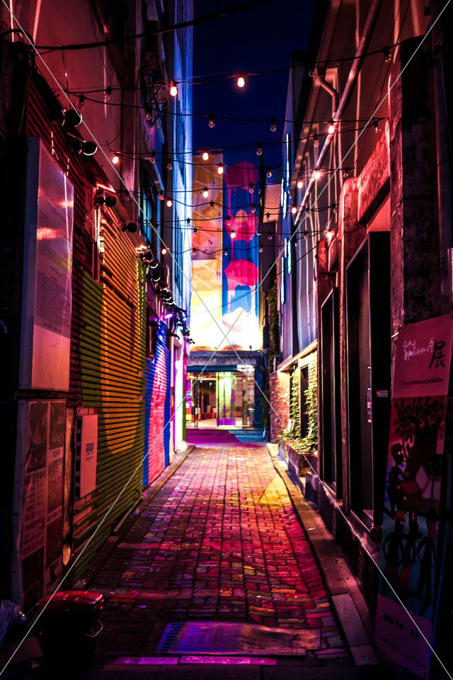 lighted up alleyway